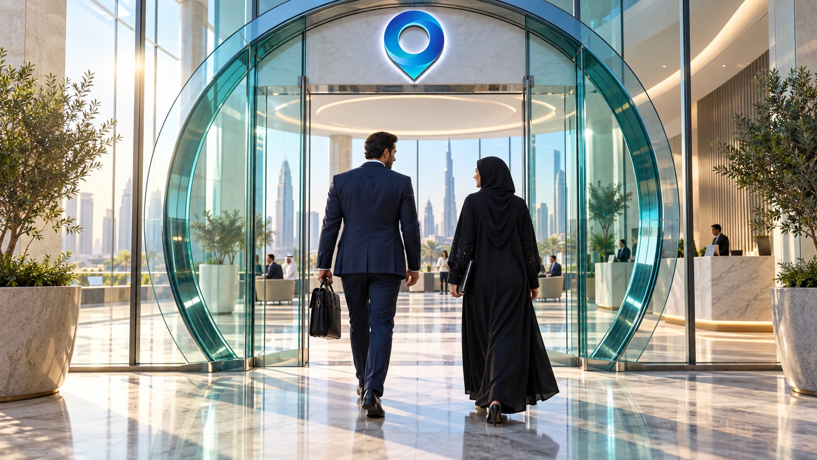 Two professionals walking away through a circular glass portal into a bright marble lobby
