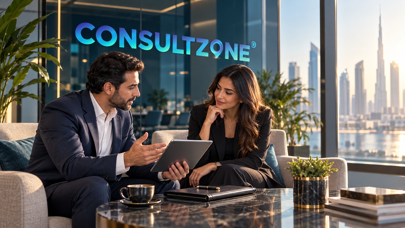 An adviser explains a tablet document to a seated client, Dubai towers through the glass behind