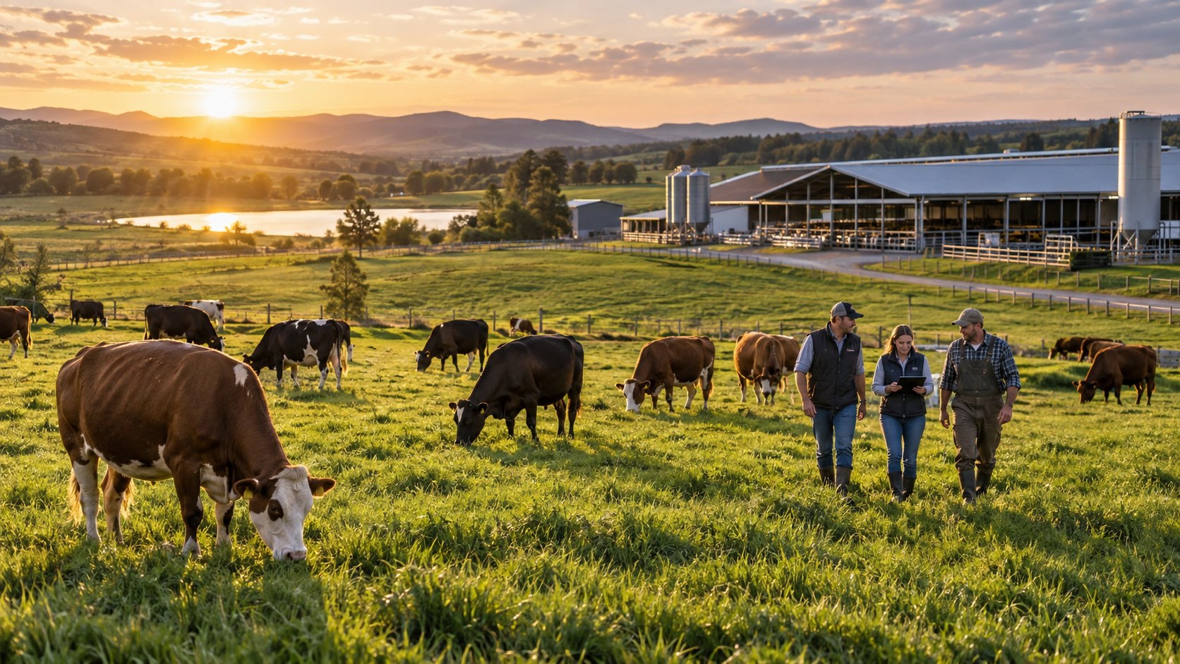 Three people walk through a hillside pasture of grazing cattle towards farm sheds at sunset