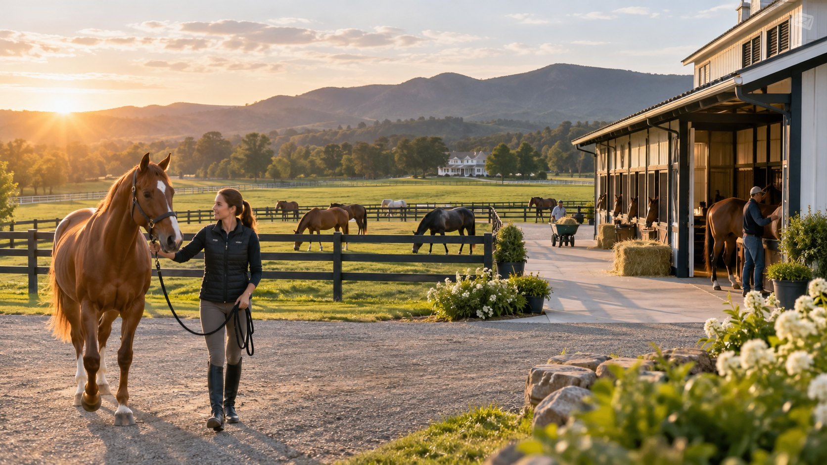 Woman walks a chestnut horse across a gravel yard while grooms handle horses at the stalls