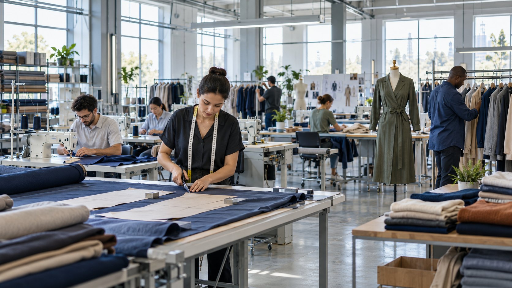 Cutters and machinists work along benches of folded denim in a garment workshop