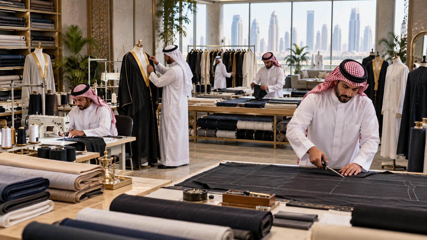 Men in white thobes cut and sew cloth at long tables above a city skyline