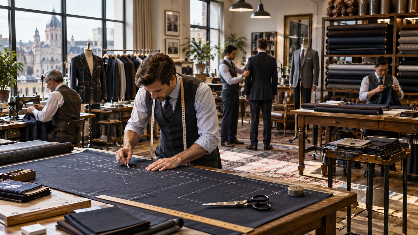 Tailor chalks a long bolt of navy cloth on a bench, shears and patterns beside him