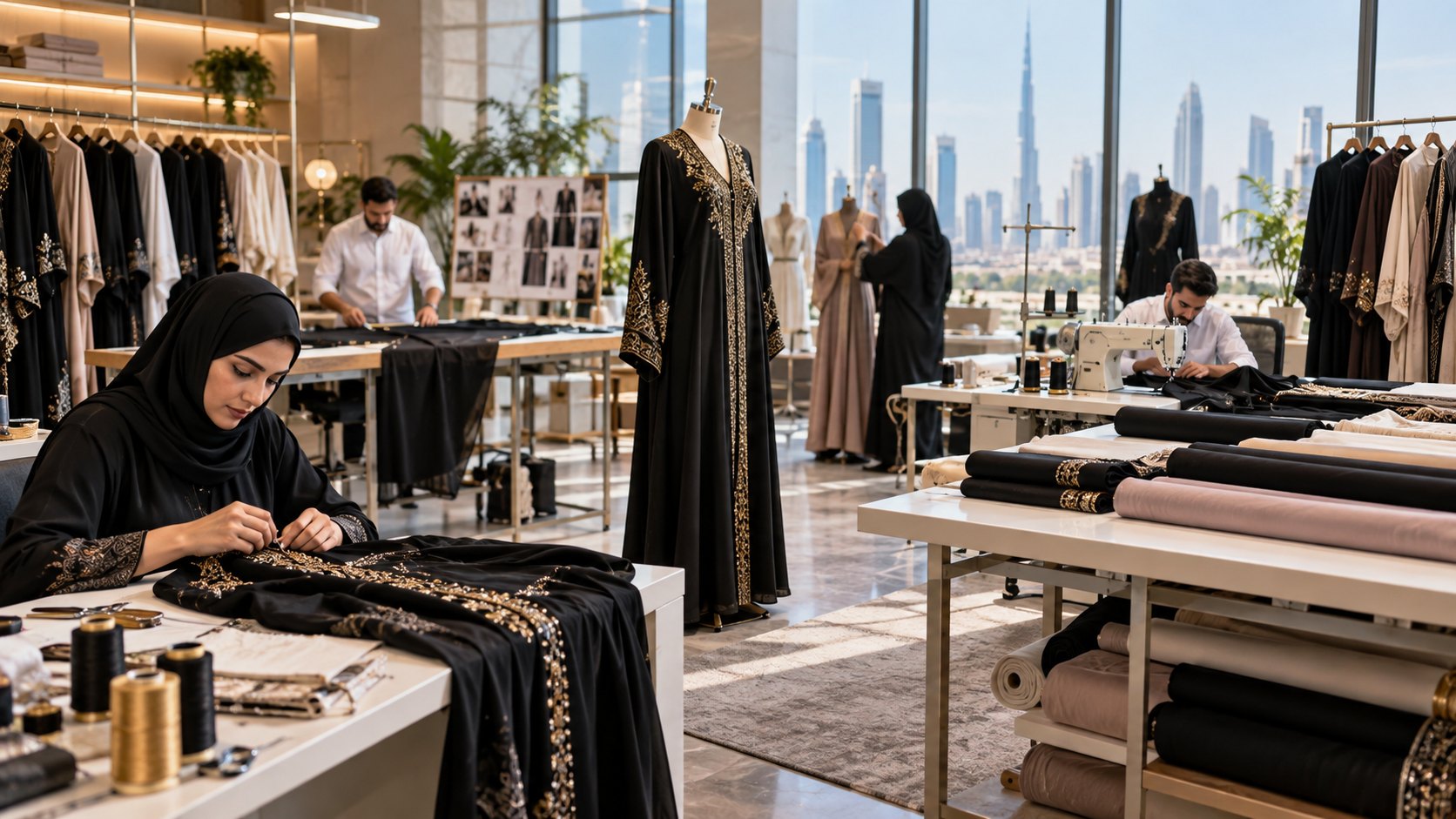 Woman hand-stitches gold trim onto black cloth in a studio of abayas and sewing tables