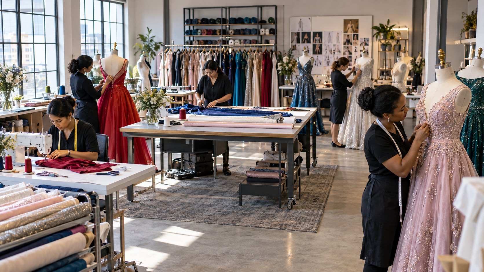 Seamstresses work at tables of coloured silk among gowns on rails and dress forms