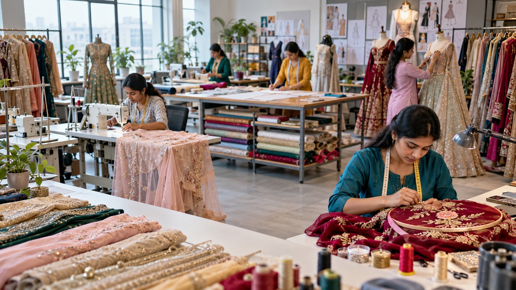 Two women embroider pink and red garments at long tables strung with beaded trims