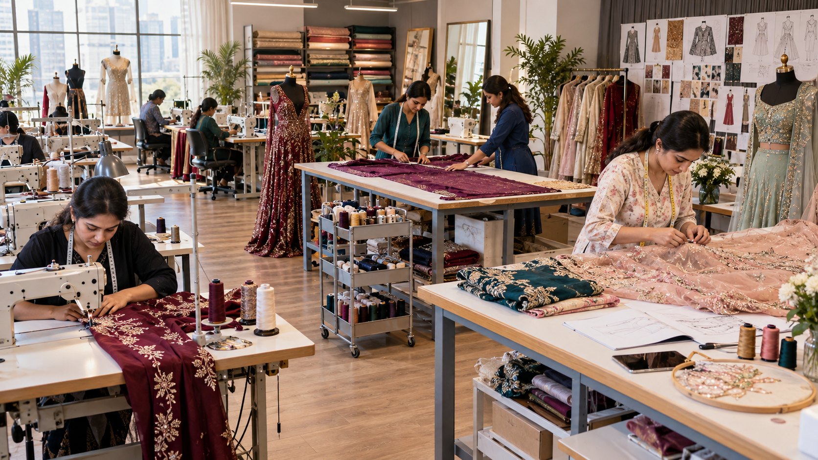 Six women sew and embroider coloured garments at machines and benches in an open workroom