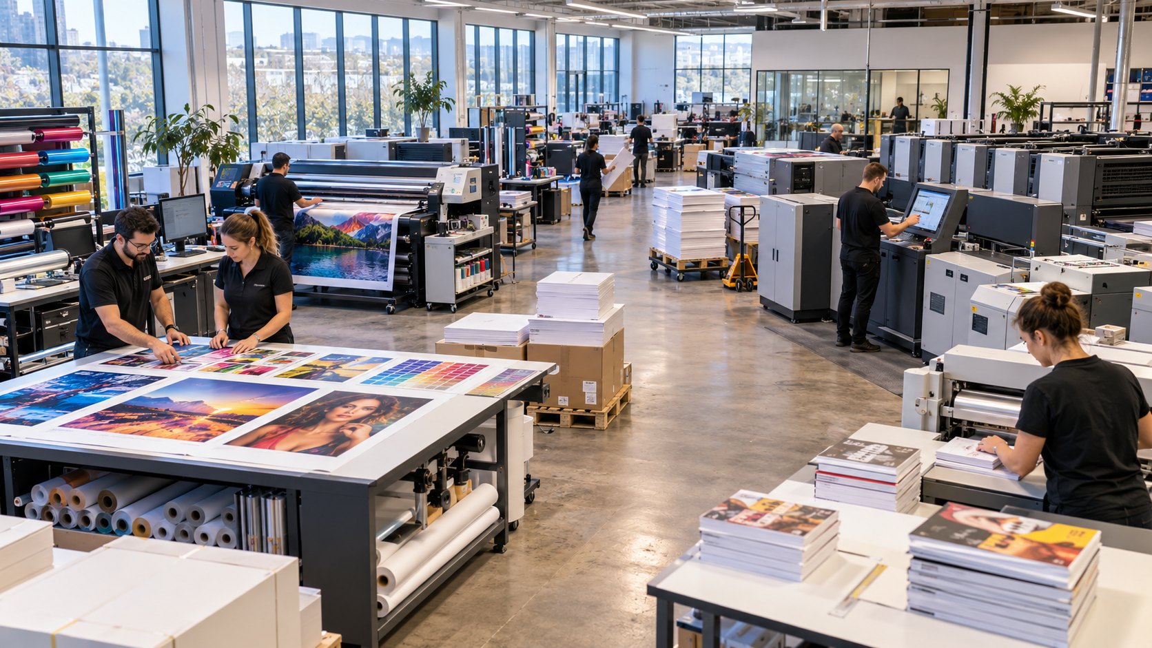 Workers check printed sheets along a long press hall stacked with paper and brochures