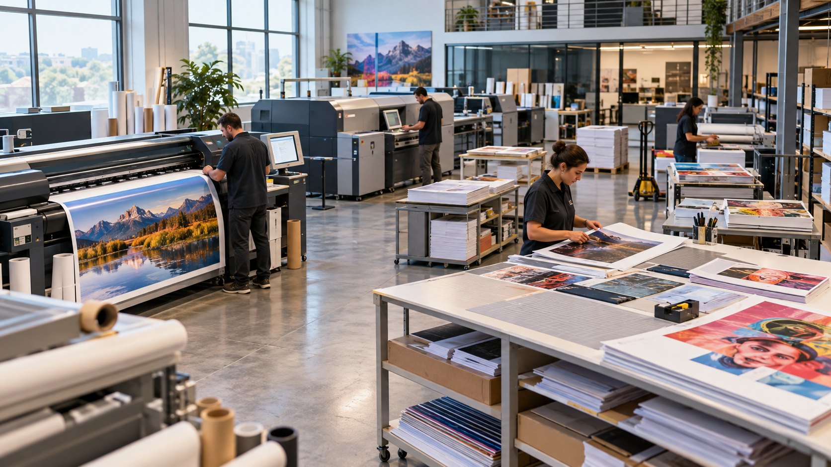 A mountain scene comes off a roll printer in a print room of trolleys and prints