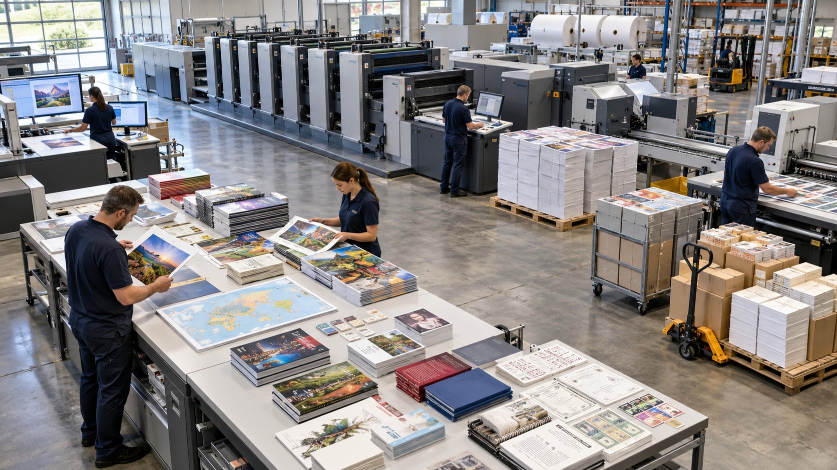 Workers sort printed covers beside a multi-unit press and pallets of stacked paper