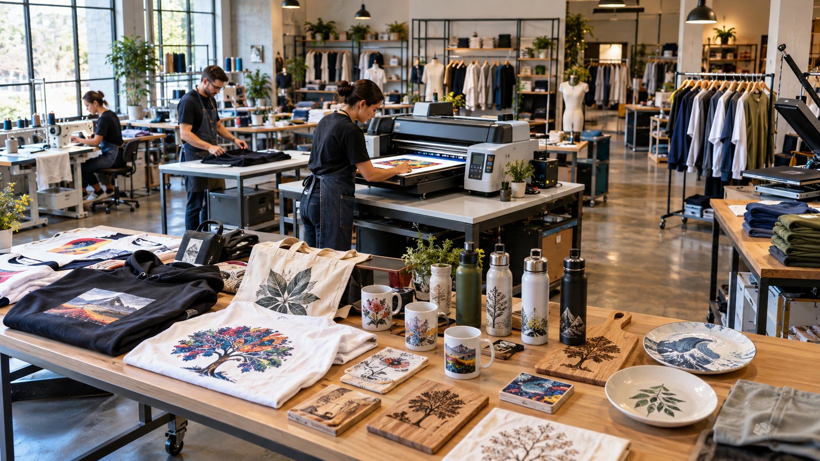 Printed shirts, tote bags, bottles and plates laid out on tables beside a flatbed printer