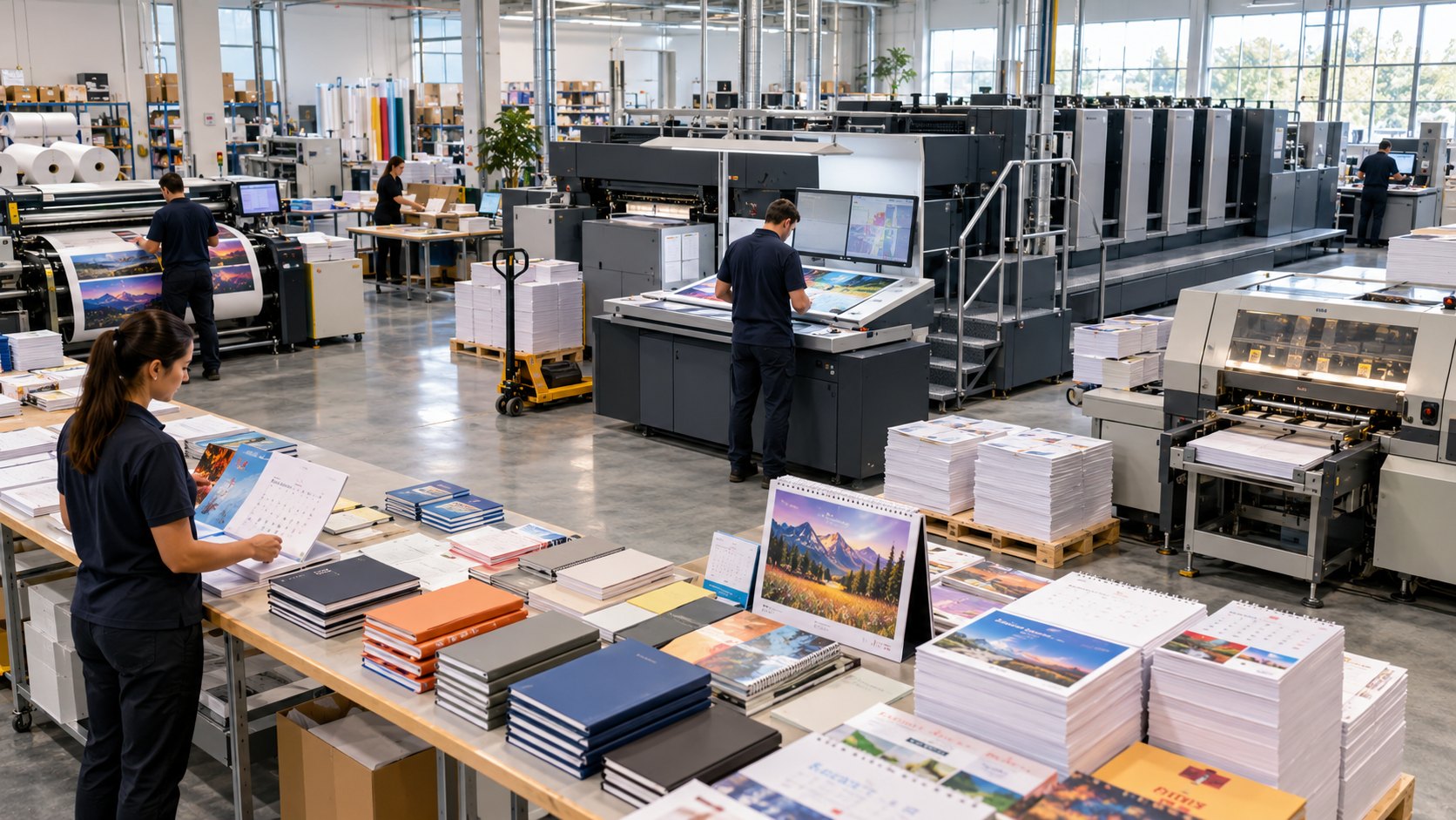 Stacked notebooks and brochures on tables in front of a tall press and pallets of paper