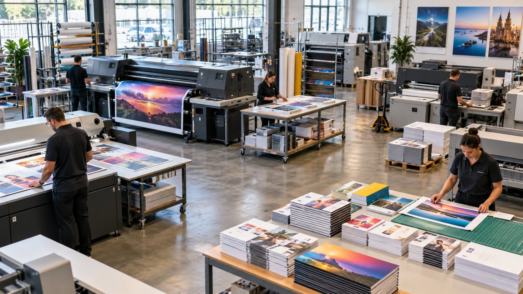Men feed sheets into wide-format printers among tables of stacked finished prints
