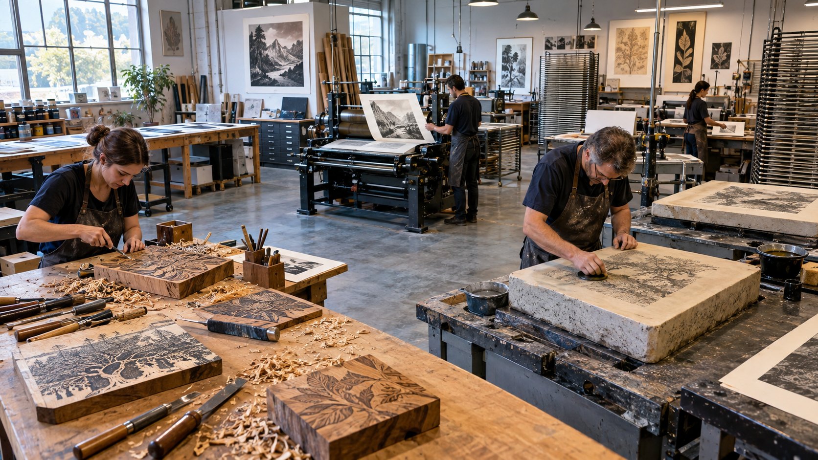 Carved woodblocks and stone slabs on benches in a workshop hung with framed prints