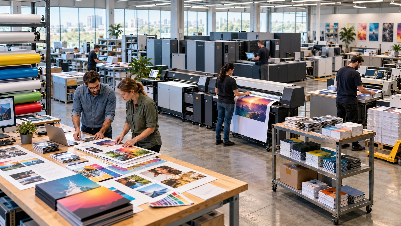 Designers lay out printed proofs on a table in front of wide-format printers