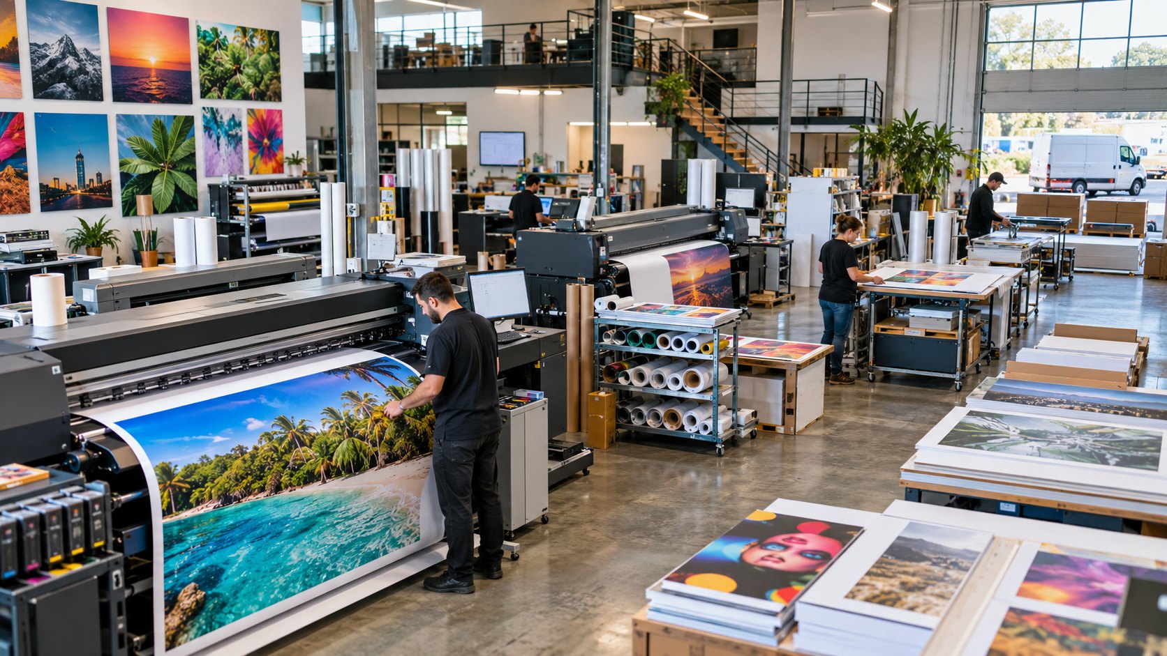 Man watches a wide tropical print emerge from a roll printer beside mounted panels