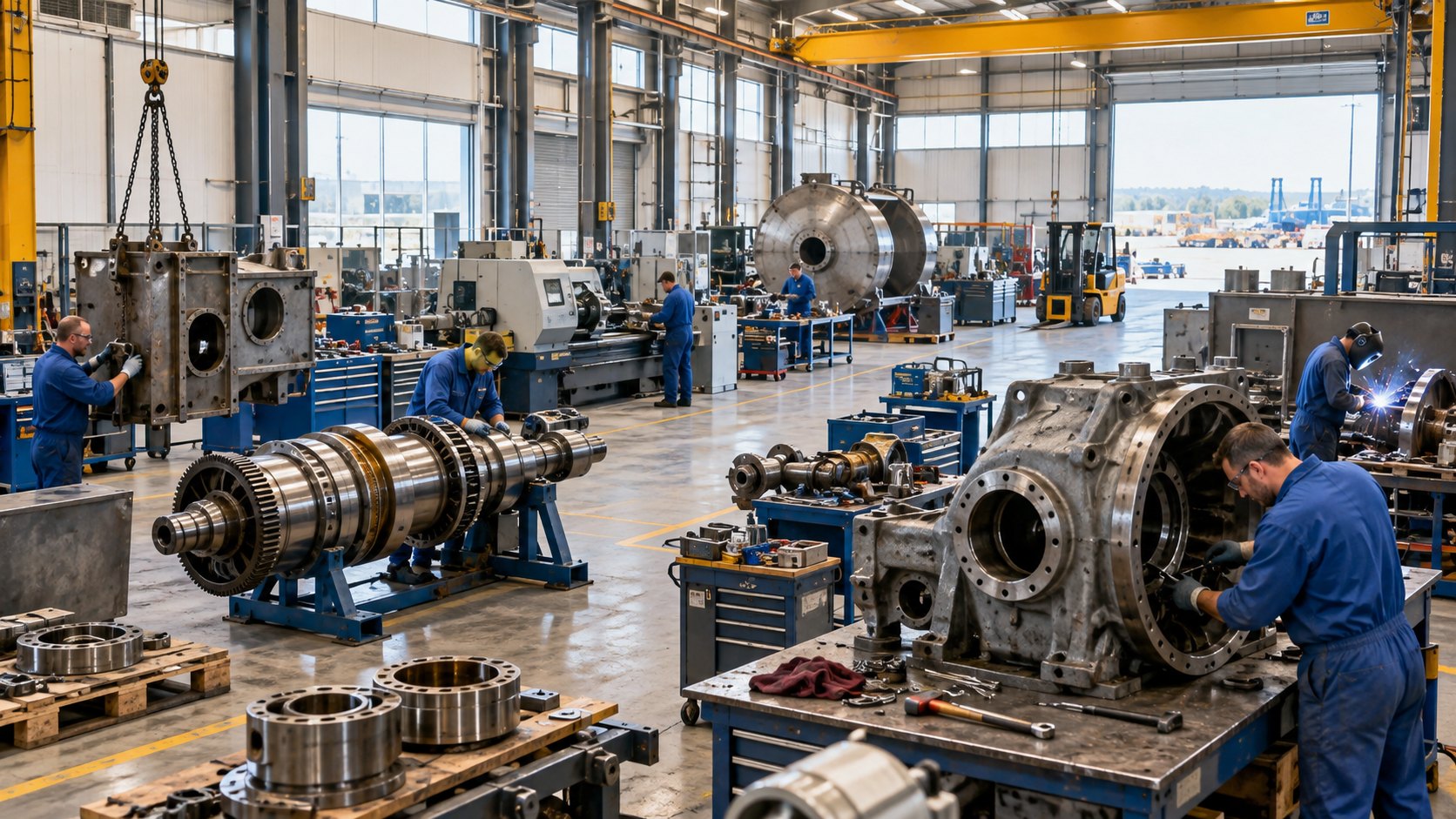 Turbine rotor on stands in a repair hall with workers at benches in blue overalls