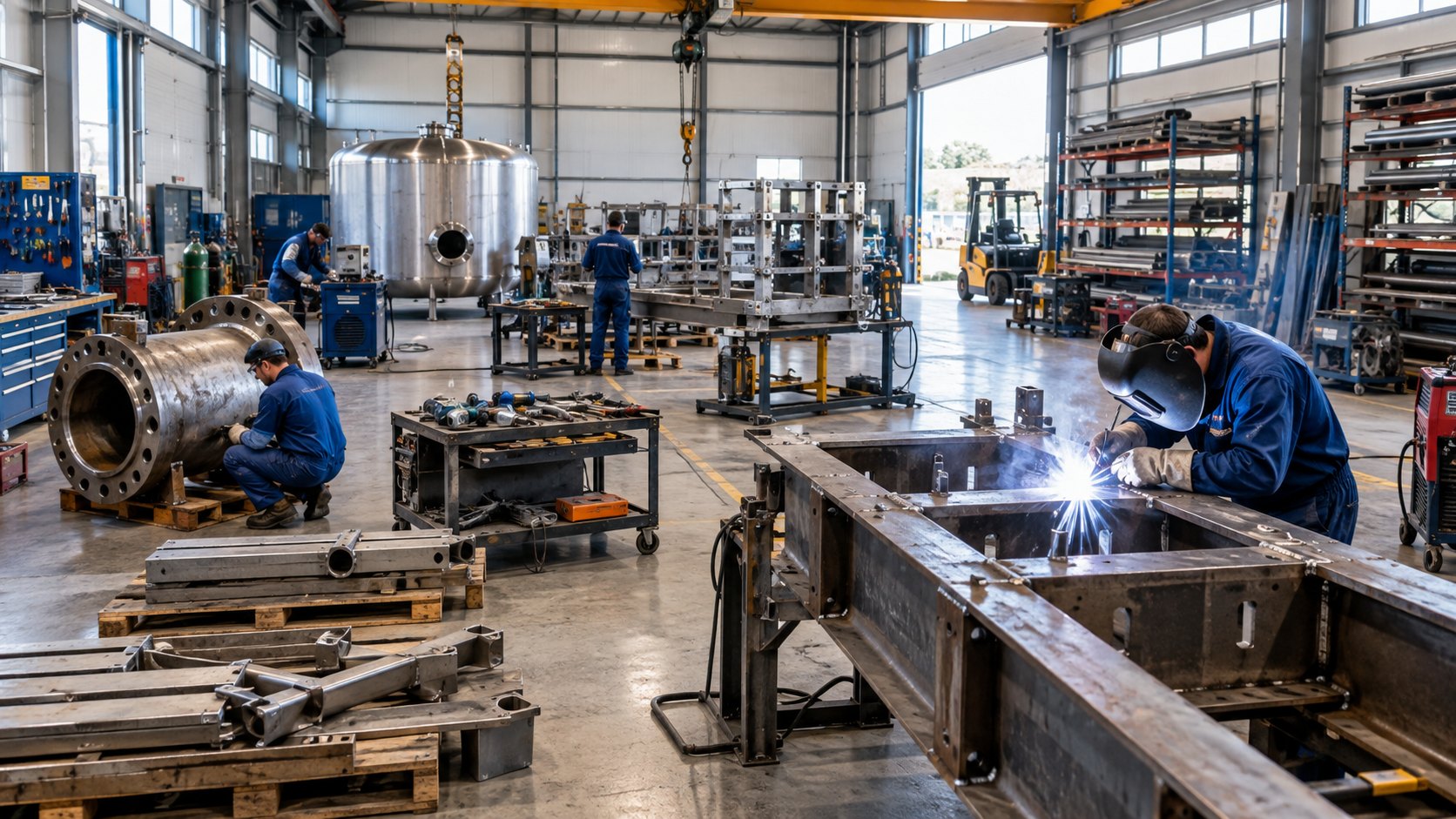 Fabrication shop with a welder at a steel beam and a stainless vessel behind him