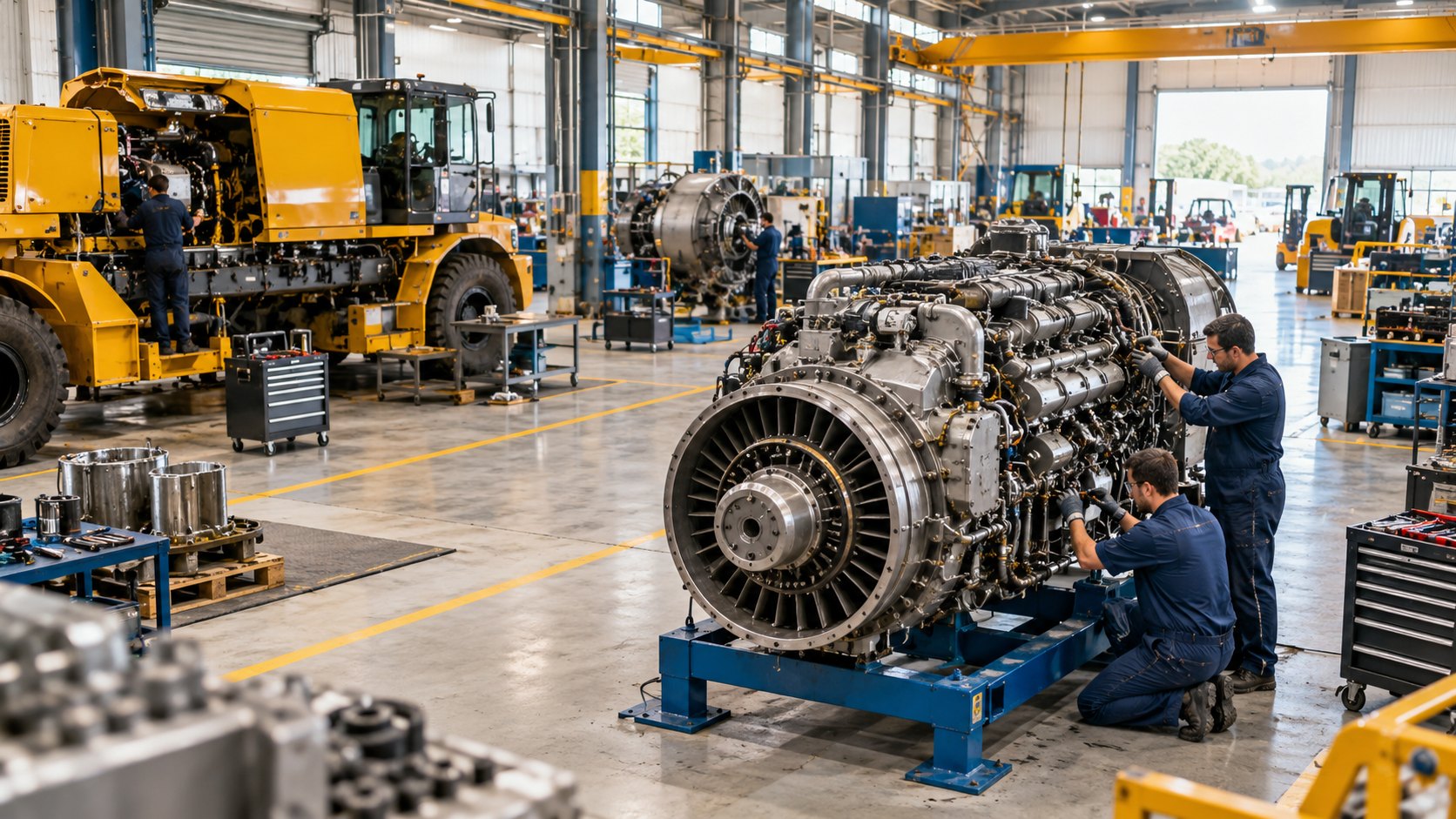 Two technicians at a large gas turbine on a stand, wheeled loader behind them
