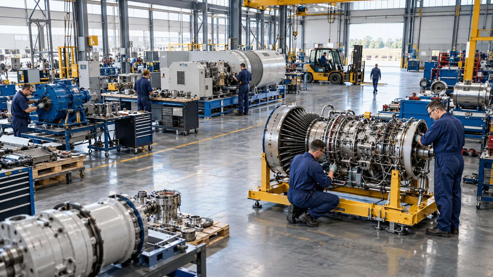 Technicians either side of a turbine on a yellow cradle in a long workshop bay