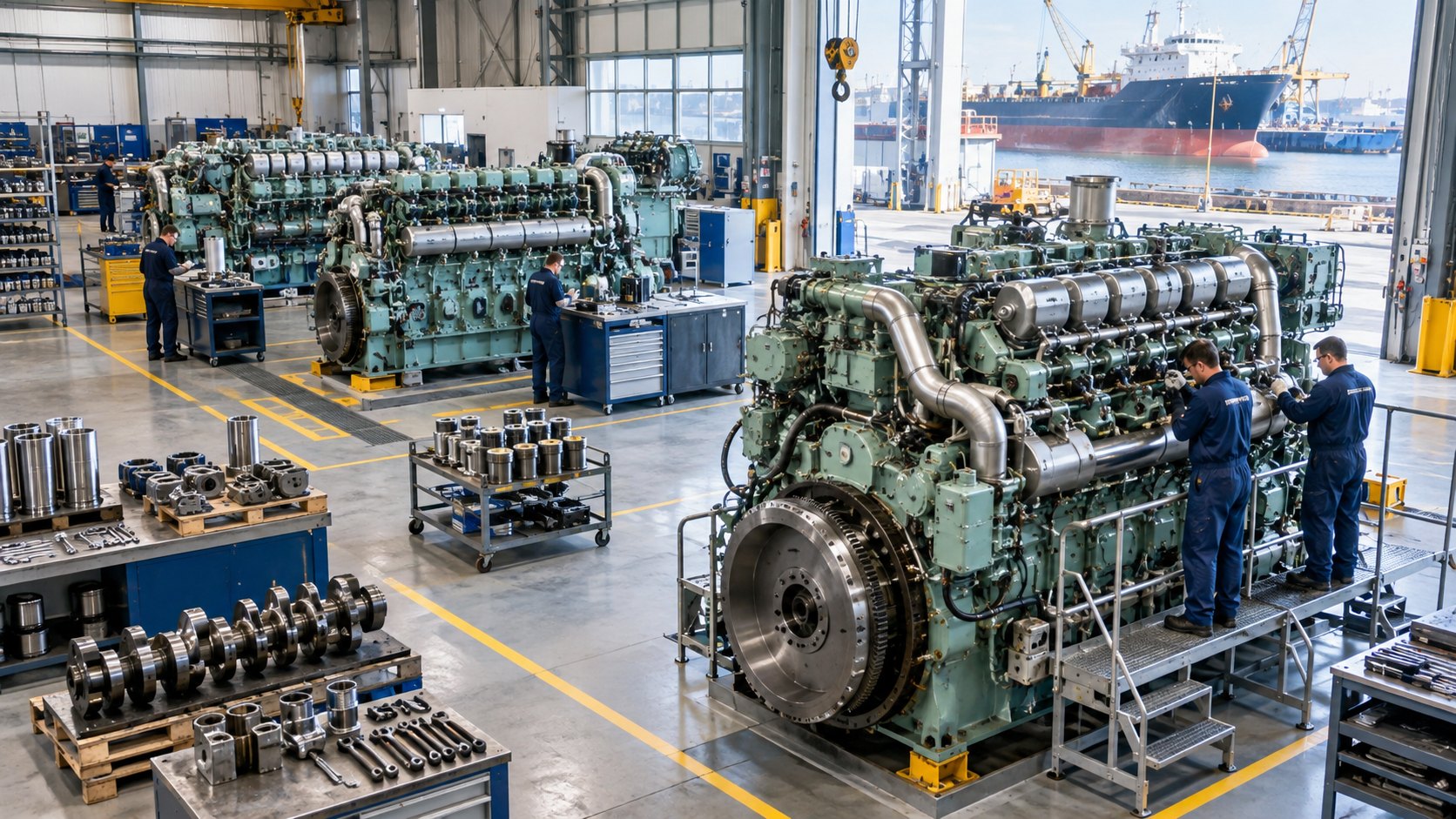 Two marine engines in a dockside hall, technicians on a platform beside one