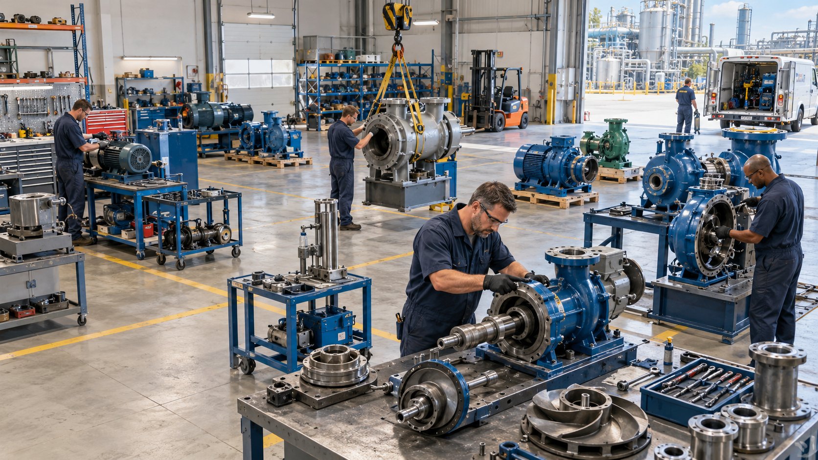 Rows of blue pumps on stands with a technician stripping a pump shaft at a bench