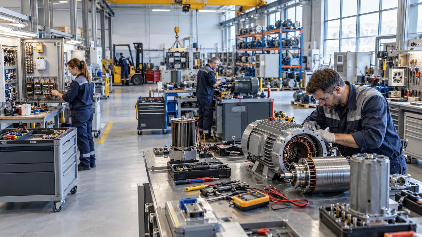 Technician at a bench with a stripped electric motor and its stator laid beside it