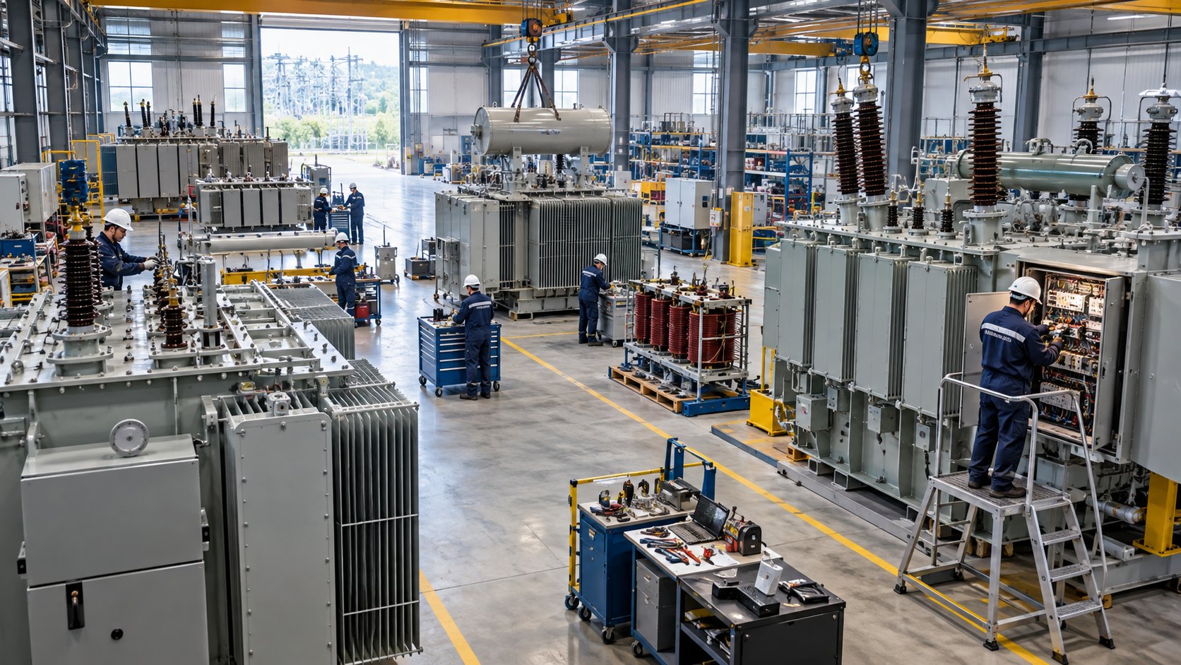 Transformers in rows down a long hall, a technician on a stepladder at one