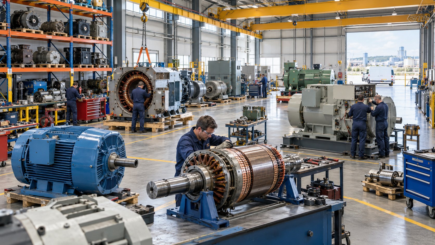 Man working on a motor rotor on a stand, blue motor housings stacked nearby