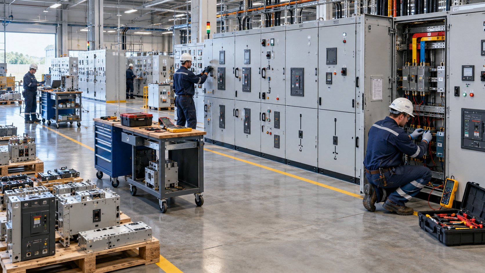 Long row of grey switchgear cubicles with a technician crouched wiring one of them