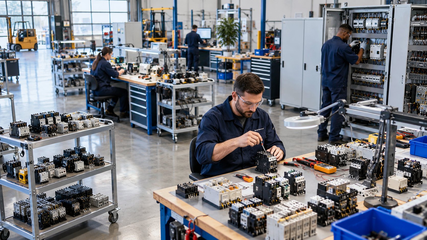 Benches of relays and contactors across a workshop floor, a man working at one