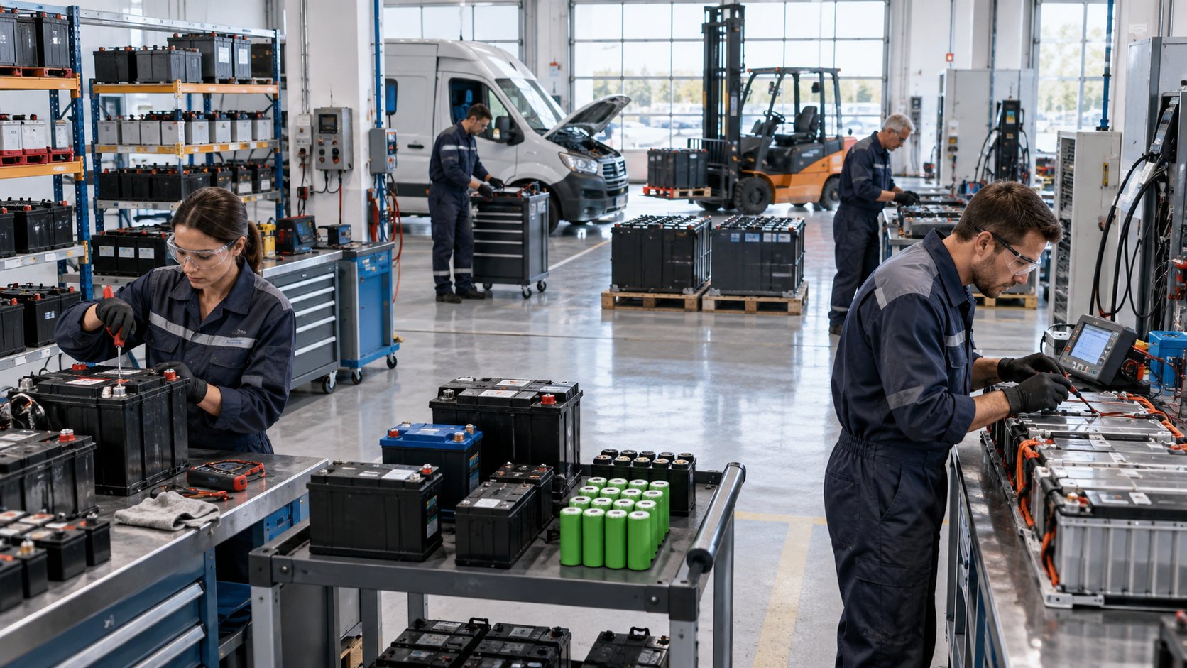 Two technicians at benches handling vehicle batteries, trolleys of battery packs beside them