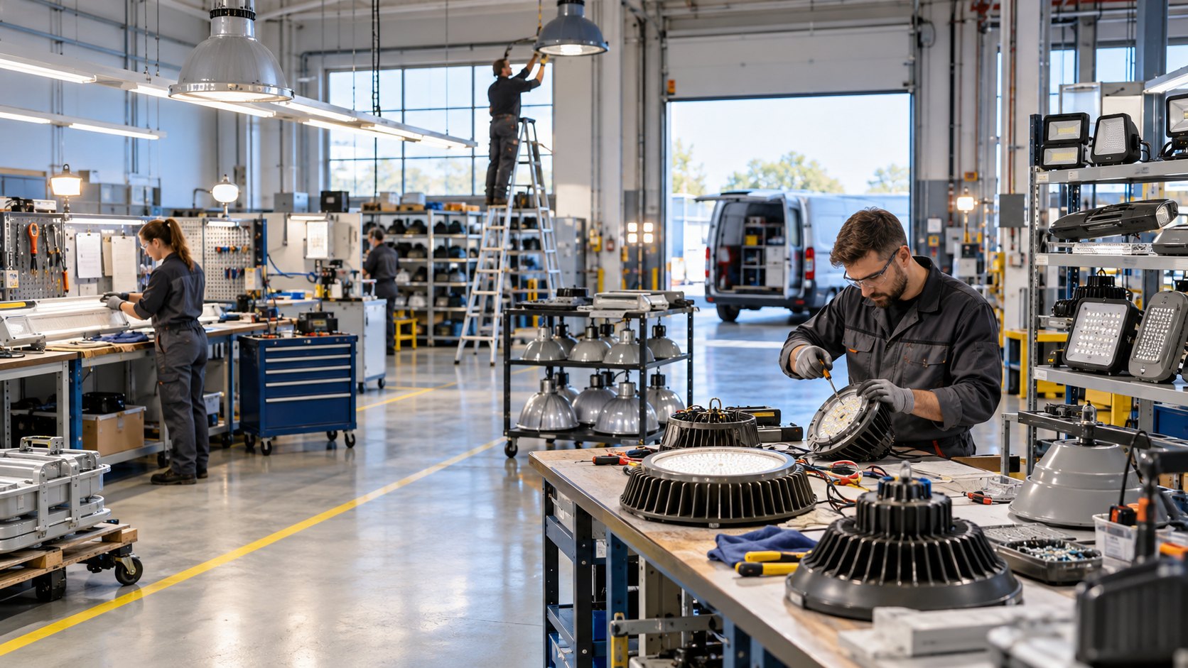 Man at a bench stripping an LED high-bay light fitting among others laid out