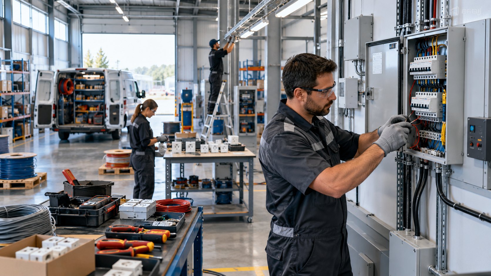 Man wiring a distribution board on a wall, a colleague up a ladder behind