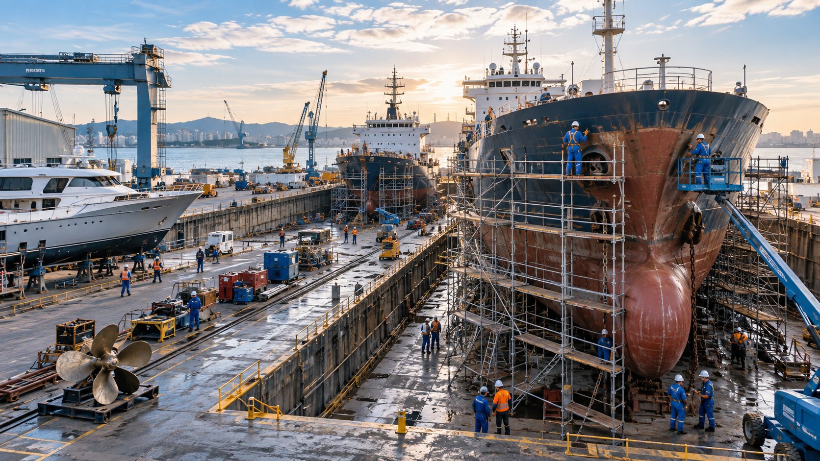Two ships in scaffolding inside a dry dock, workers on the dock floor below