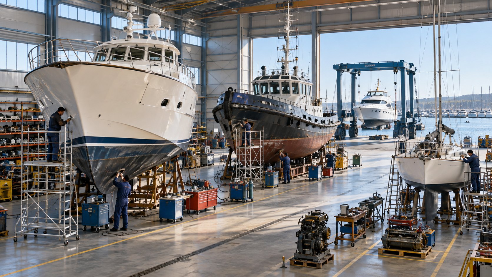Motor yacht and a tug on cradles in a boatyard shed, workers at their hulls