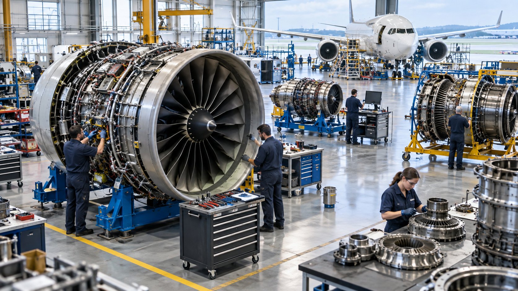 Jet engines on stands in an overhaul hangar with technicians working around them