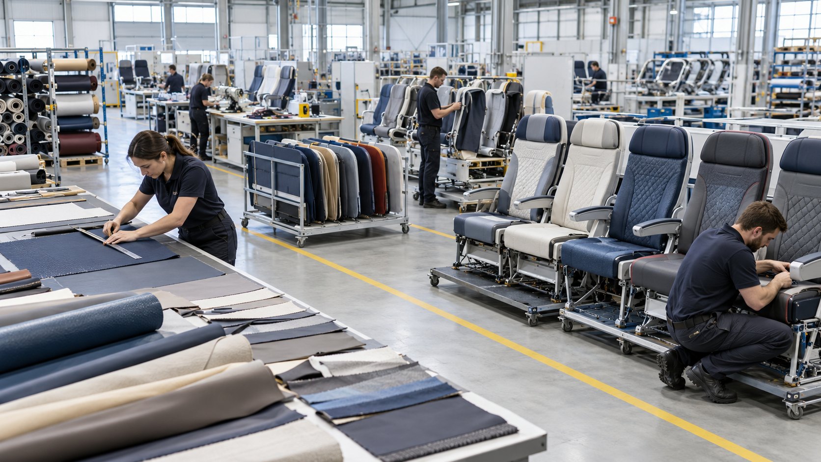 Rows of aircraft seats and a woman cutting fabric at a long upholstery table