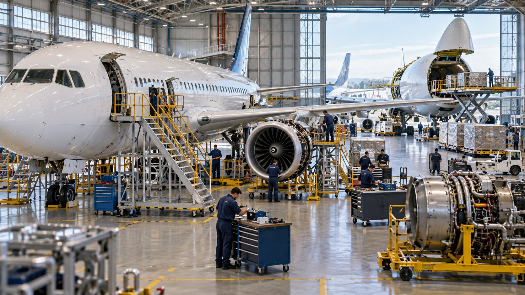 Hangar holding an airliner and a freighter with its nose door raised, engine on a stand