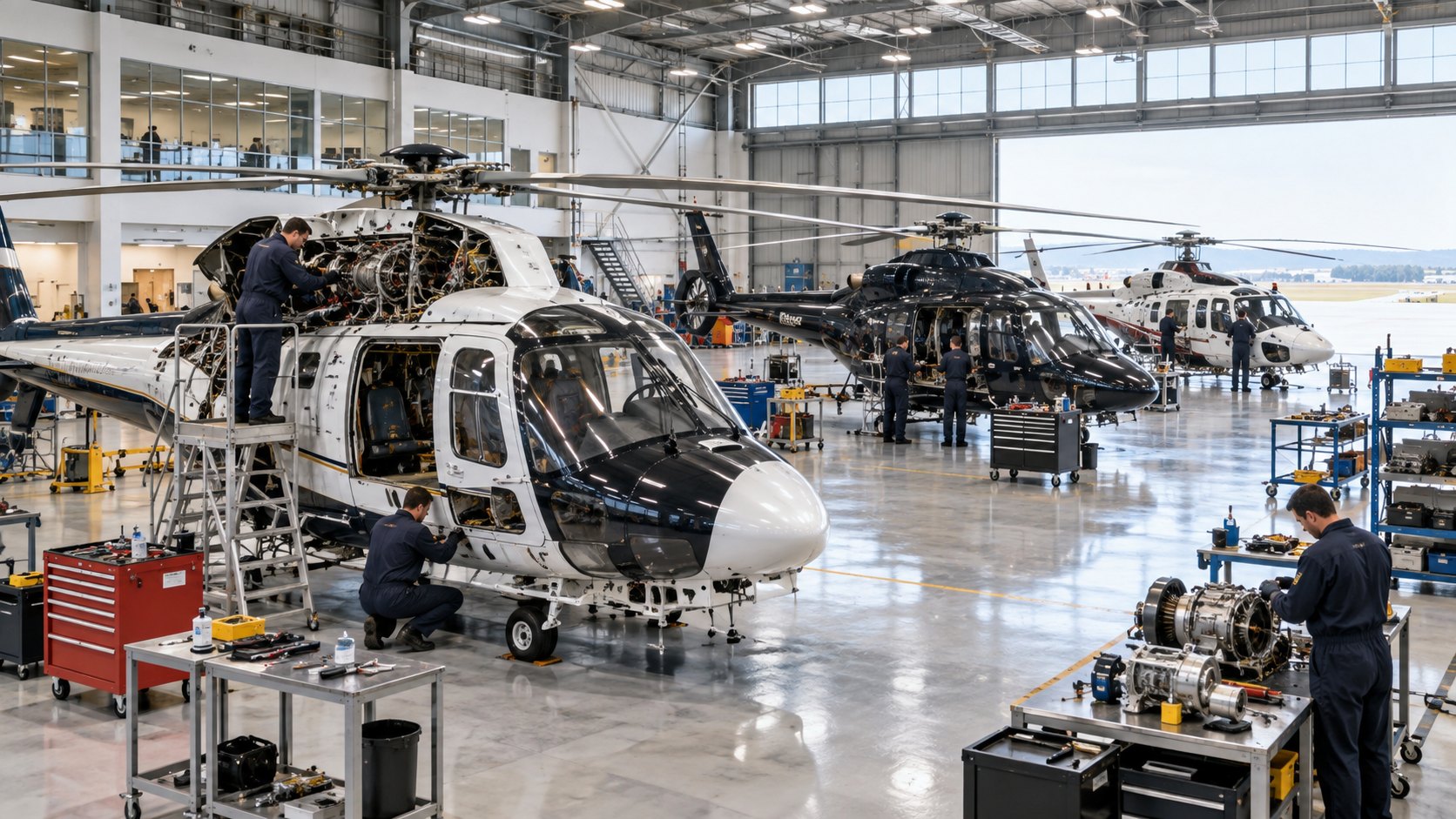 Helicopters lined up in a hangar with engineers at the nearest rotor head and fuselage