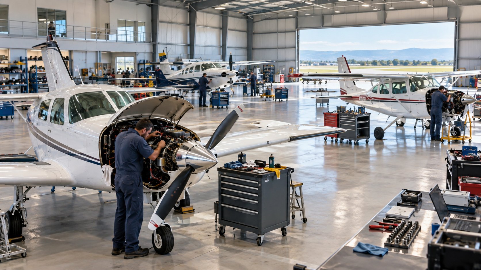 Hangar holding several small propeller aircraft, one with its engine open and tool chests alongside