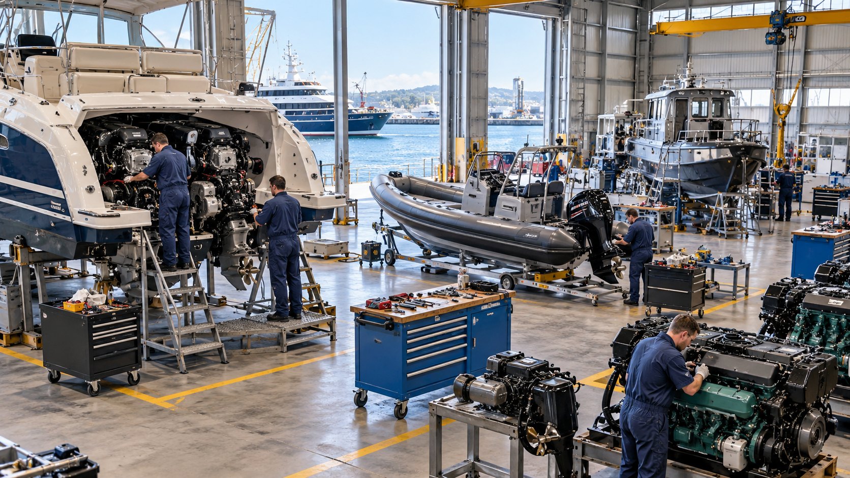 Men in overalls servicing boat engines and an inflatable craft inside an open boatshed