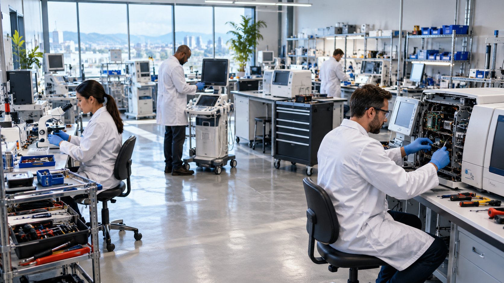 White-coated staff at benches repairing medical and laboratory instruments in an open workroom