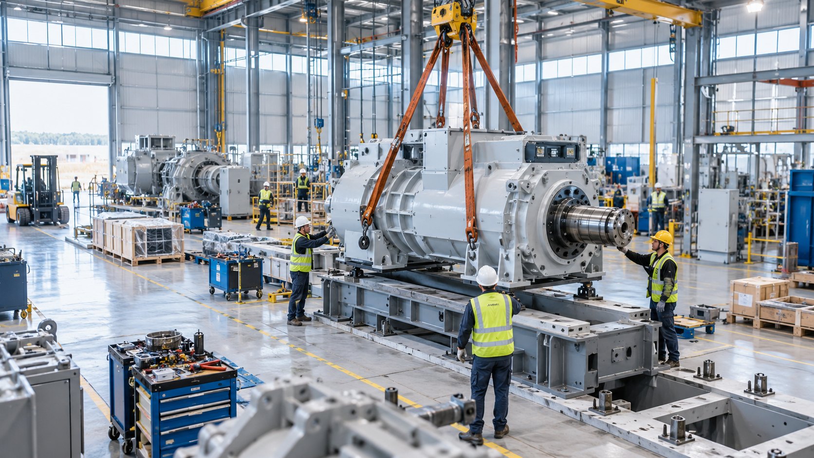 Overhead crane lowering a large machine onto a steel base in an industrial hall