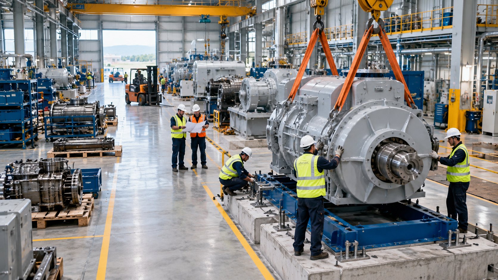 Crew in hi-vis setting a long machine train on its plinth under a crane