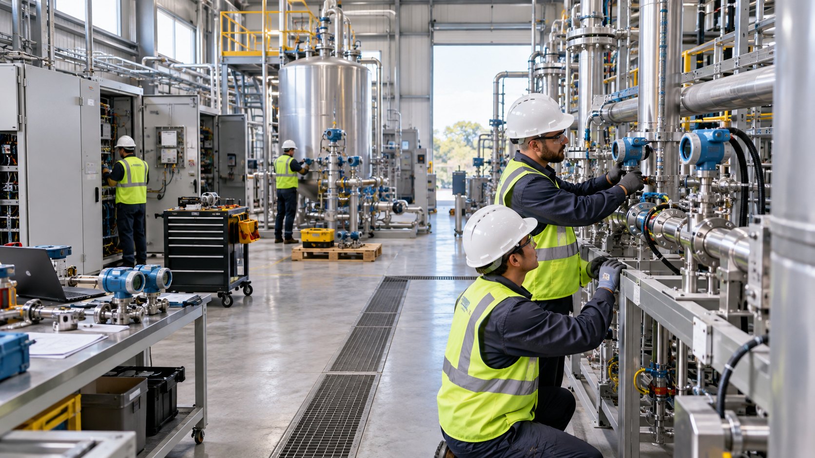 Two workers in hi-vis wiring instruments onto a pipework skid inside a plant room
