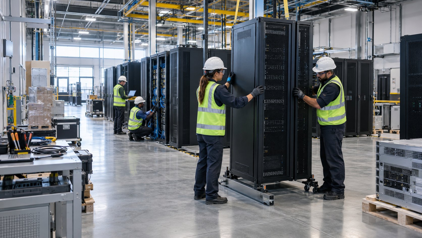 Workers in hi-vis moving a black server cabinet along rows of installed racks