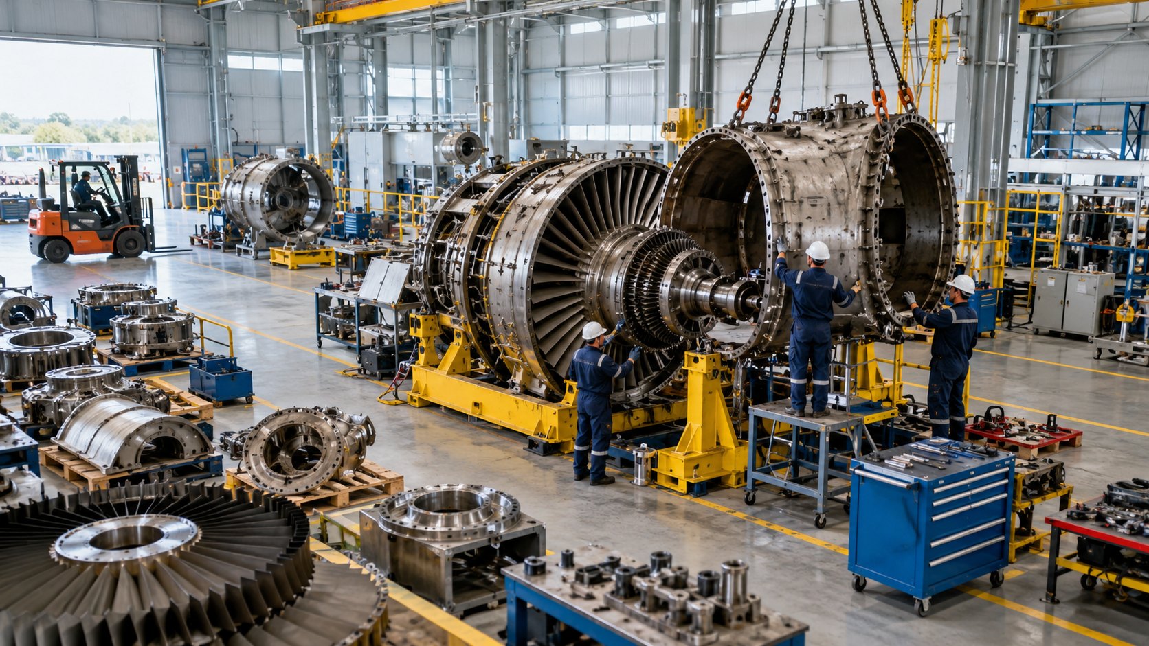 Gas turbine split open on yellow stands, blade discs stacked in the foreground