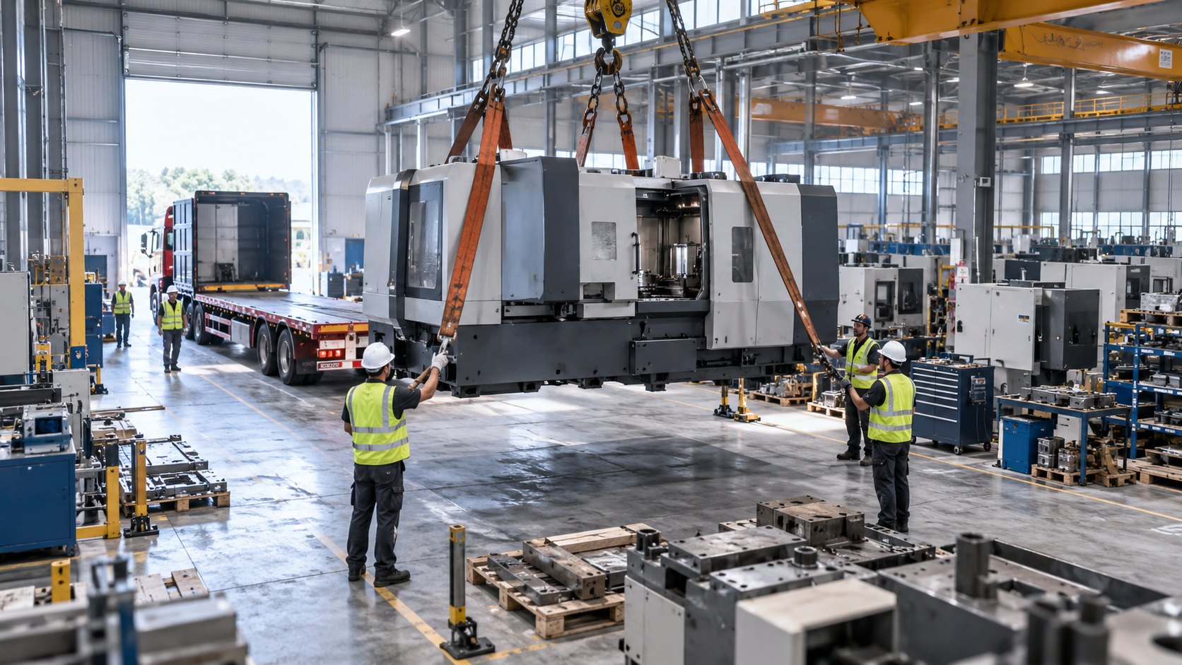 Machining centre lowered from a flatbed trailer by crane, moulds stacked on the floor