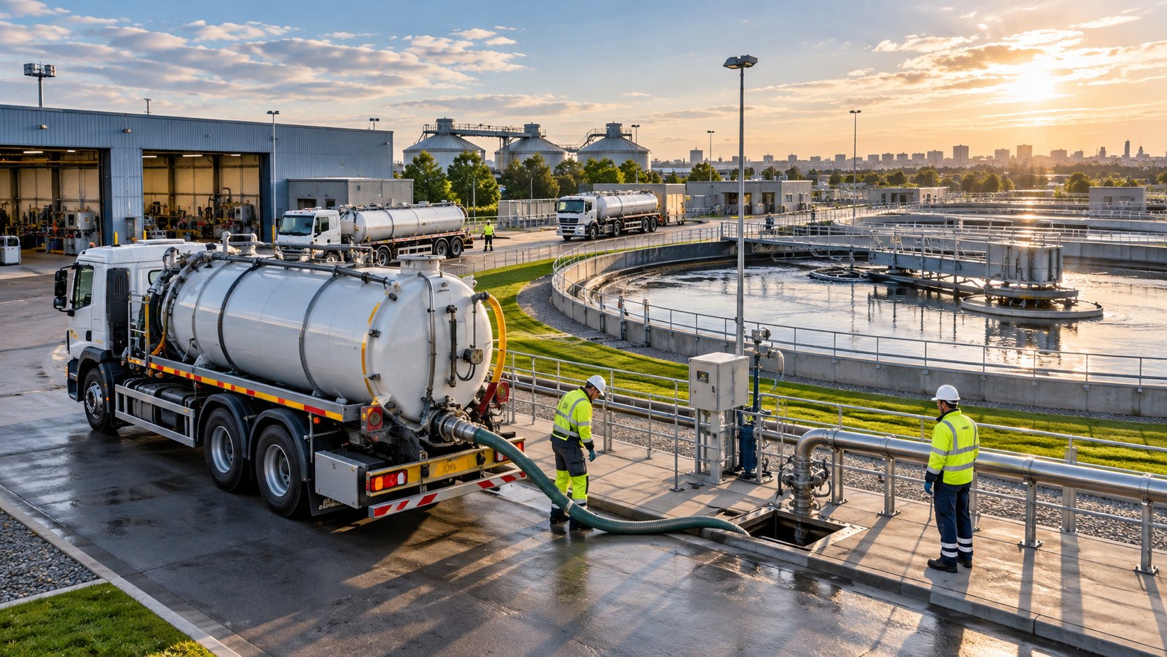 Vacuum tanker beside circular settlement tanks, two workers coupling hoses under a low sun